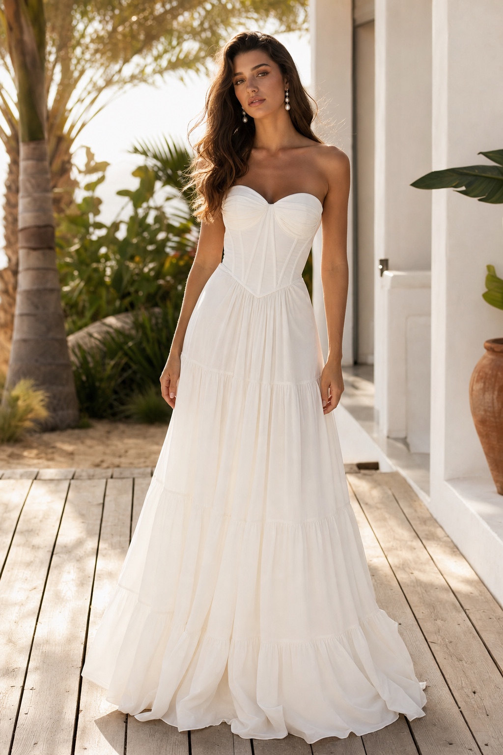 White corset-style maxi dress near a beach villa Adult model wearing a white corset-style maxi dress on a sunlit deck near a beach villa | Sky Rye Design Adult model wearing a white corset-style maxi dress on a sunlit deck near a beach villa