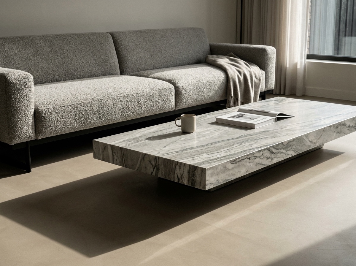 A low stone coffee table sitting nearly level with a bouclé sofa seat, making the seating group read as one continuous plane.