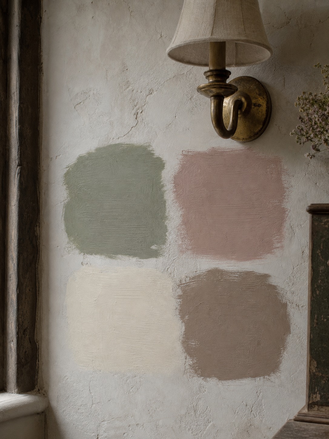 Muted English cottage paint swatches in sage green, dusty rose, cream, and mushroom taupe on aged plaster wall Muted English cottage paint swatches in sage green, dusty rose, cream, and mushroom taupe on aged plaster wall. | Sky Rye Design Muted English cottage paint swatches in sage green, dusty rose, cream, and mushroom taupe on aged plaster wall.