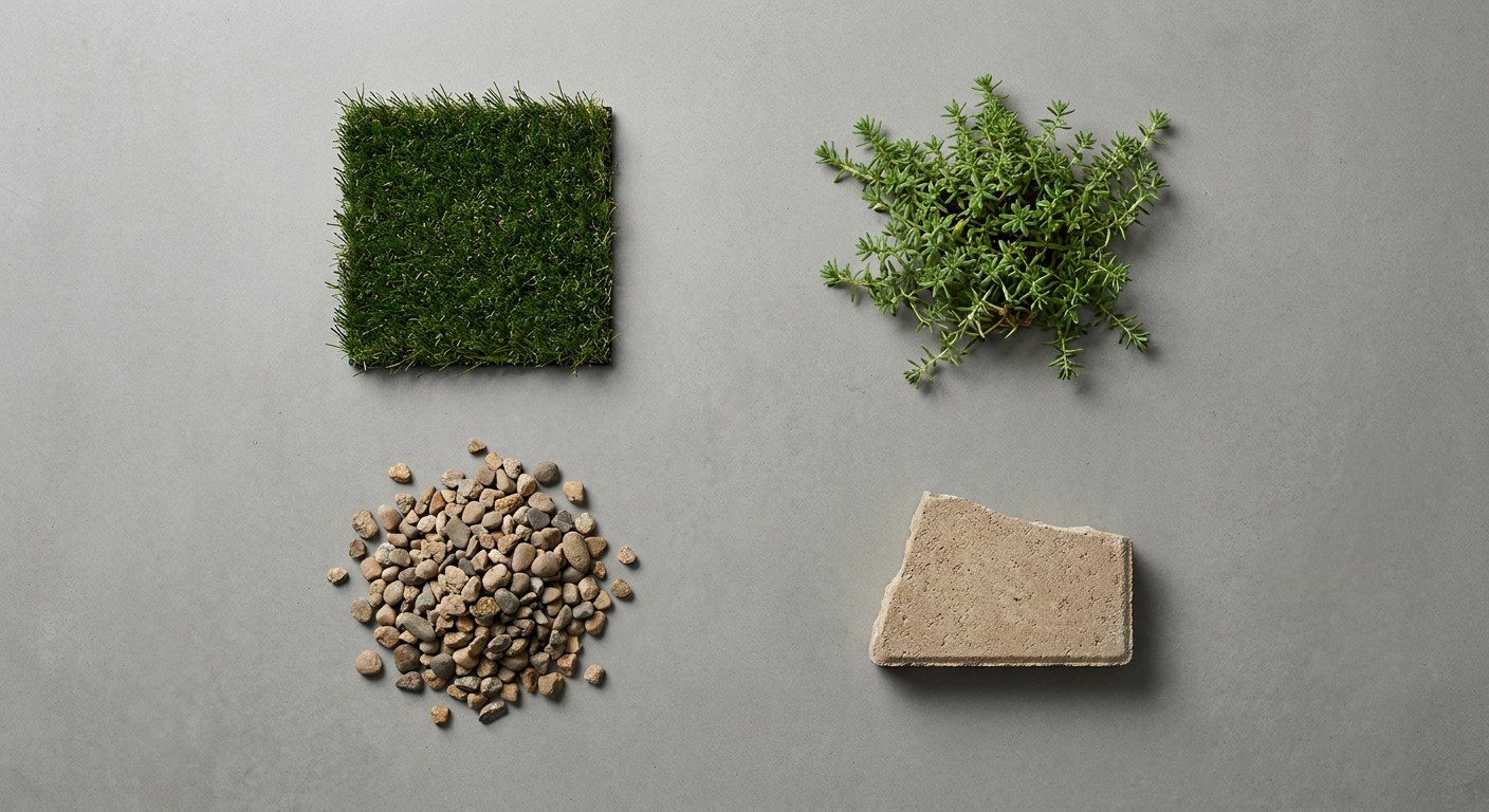 13-flat-lay-landscape-material-samples Overhead flat lay of synthetic turf, gravel, groundcover cutting and paver fragment arranged on a concrete surface | Sky Rye Design Overhead flat lay of synthetic turf, gravel, groundcover cutting and paver fragment arranged on a concrete surface