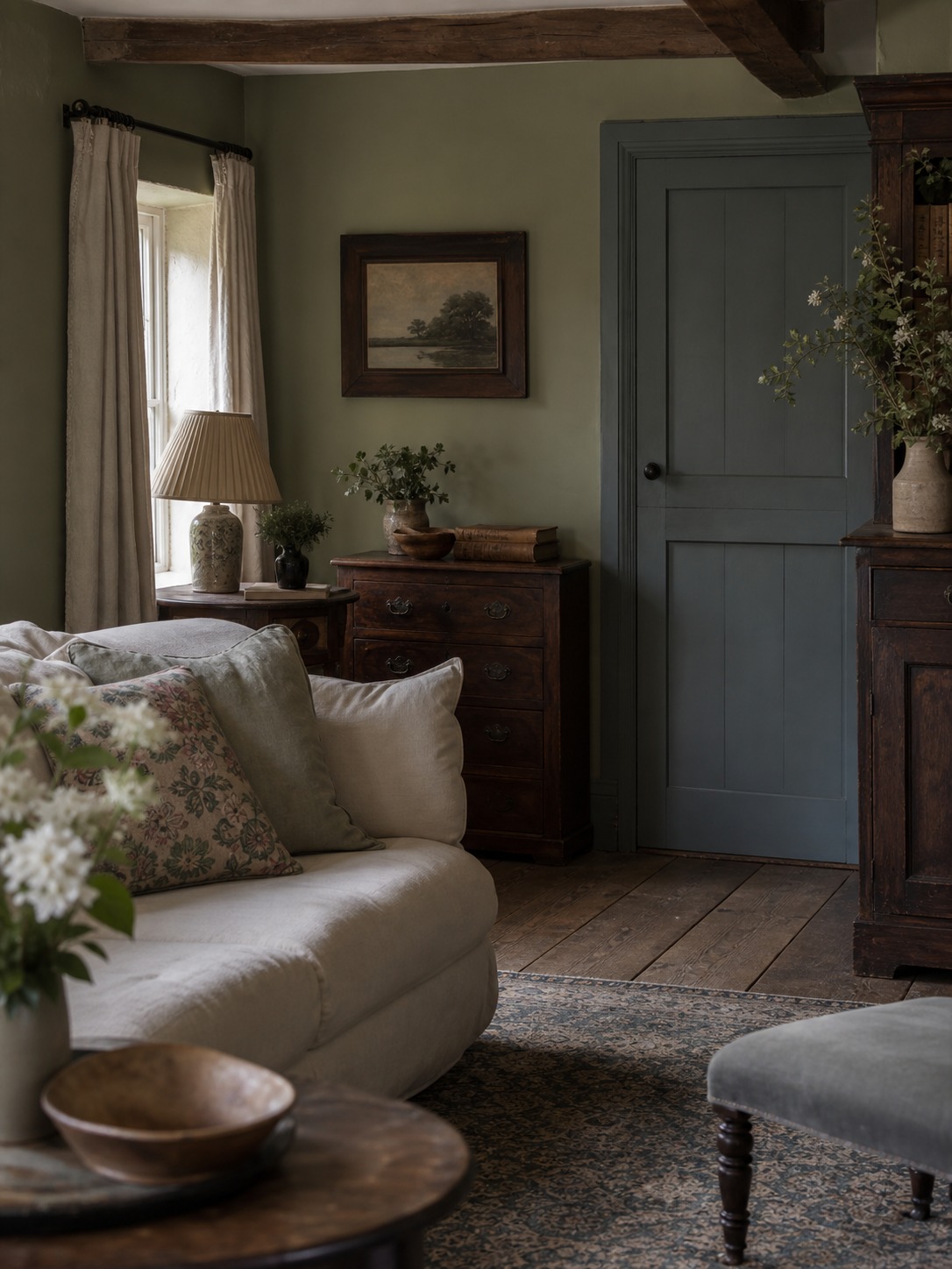 English cottage living room with dusty sage green walls dark walnut antique furniture cream sofa and gray-blue door English cottage living room with dusty sage green walls, dark walnut antique furniture, cream sofa, and gray-blue door. | Sky Rye Design English cottage living room with dusty sage green walls, dark walnut antique furniture, cream sofa, and gray-blue door.