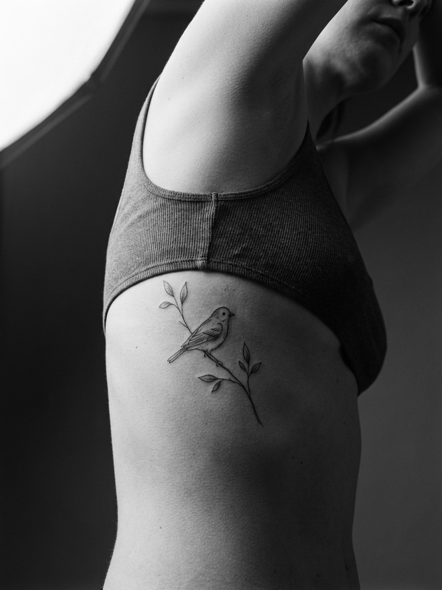 Fine-line bird perched on a slender branch with a few small leaves on a woman's ribcage and side torso.