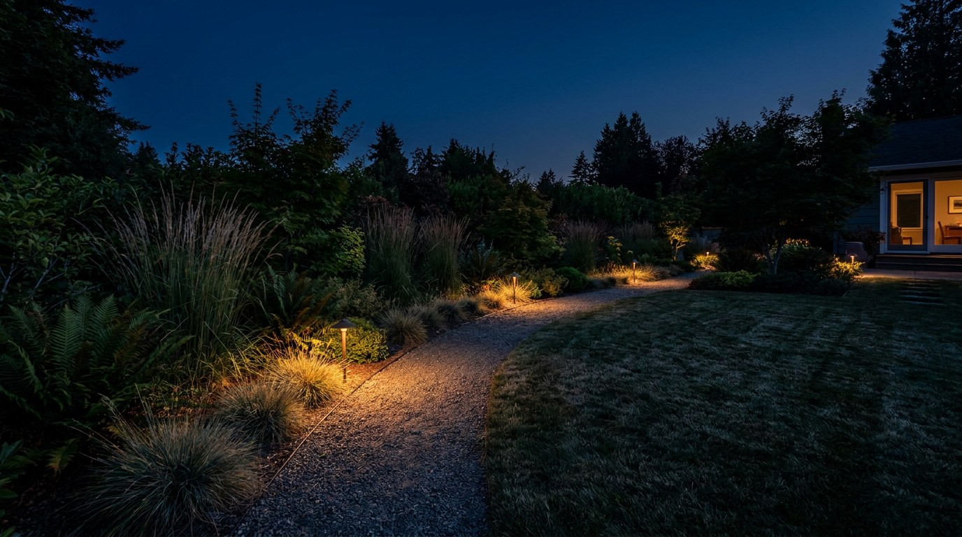 14-twilight-garden-layered-planting-turf Dusk shot of a backyard with warm path lighting through layered planting beside a shadowed turf lawn | Sky Rye Design Dusk shot of a backyard with warm path lighting through layered planting beside a shadowed turf lawn