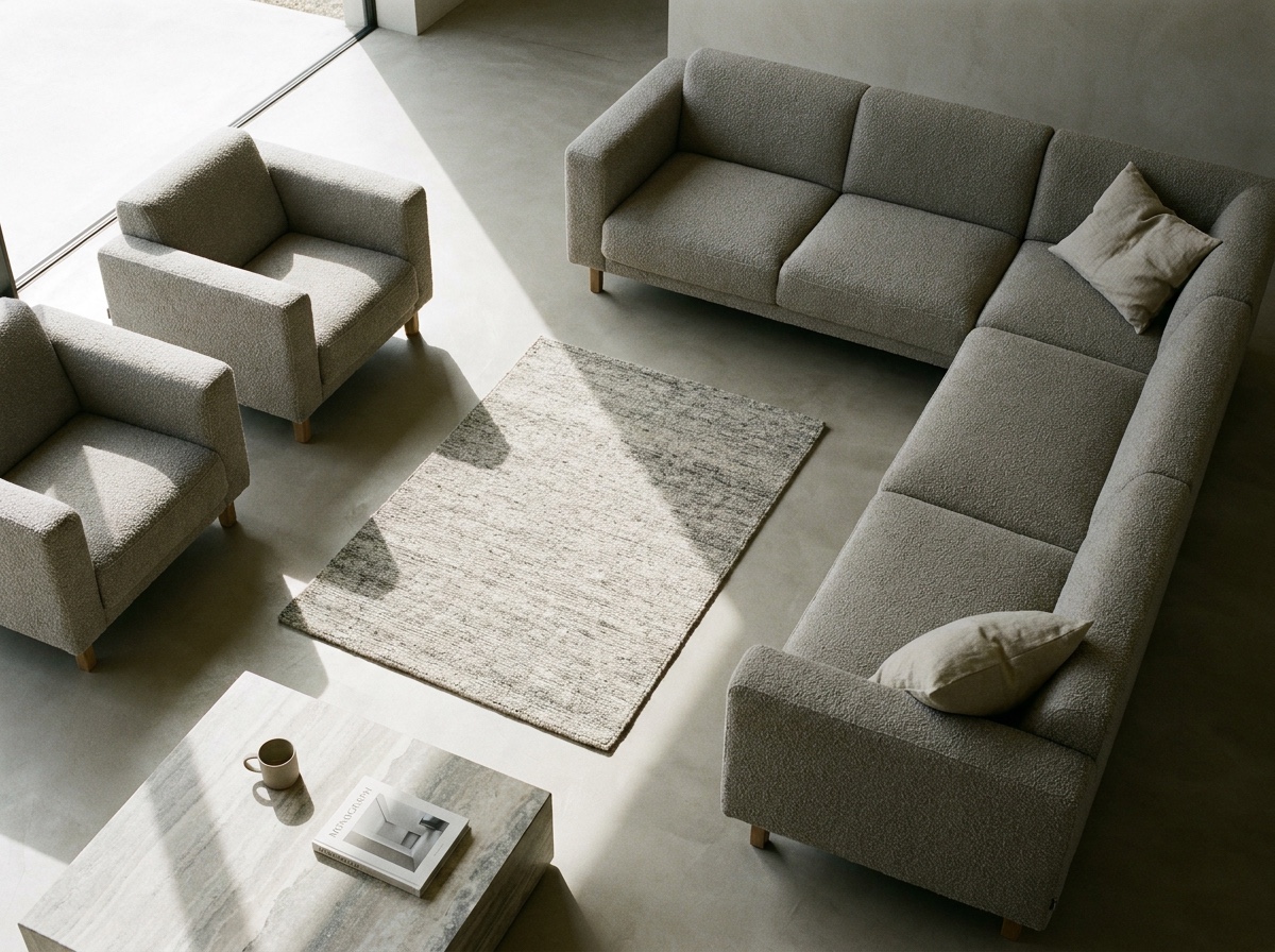 A small rug floating disconnected from a modern seating group, leaving the sofa and chairs stranded on bare microcement.