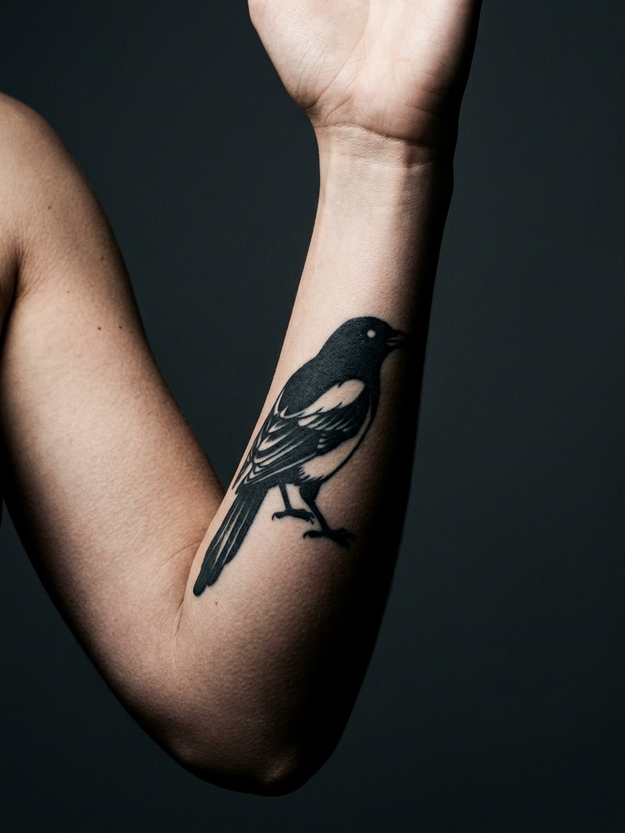 Blackwork magpie on a woman's forearm.