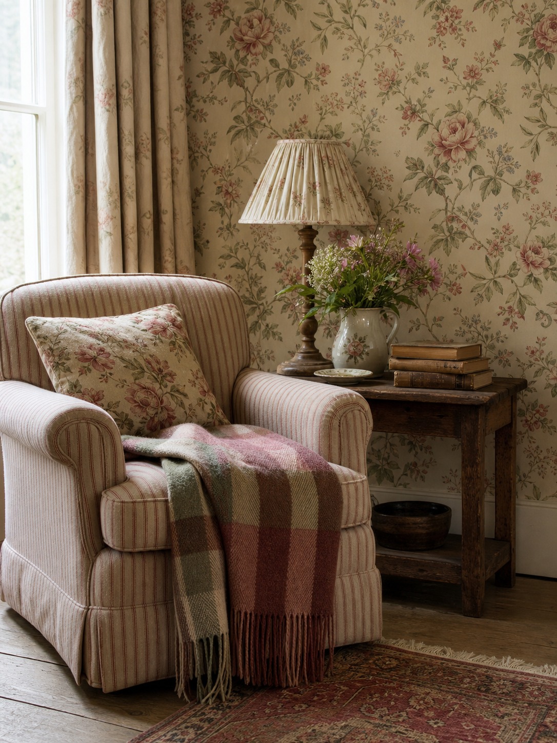 English cottage sitting room with floral wallpaper striped armchair checked wool throw and dusty rose and sage tones English cottage sitting room with floral wallpaper, striped armchair, checked wool throw, and dusty rose and sage tones. | Sky Rye Design English cottage sitting room with floral wallpaper, striped armchair, checked wool throw, and dusty rose and sage tones.