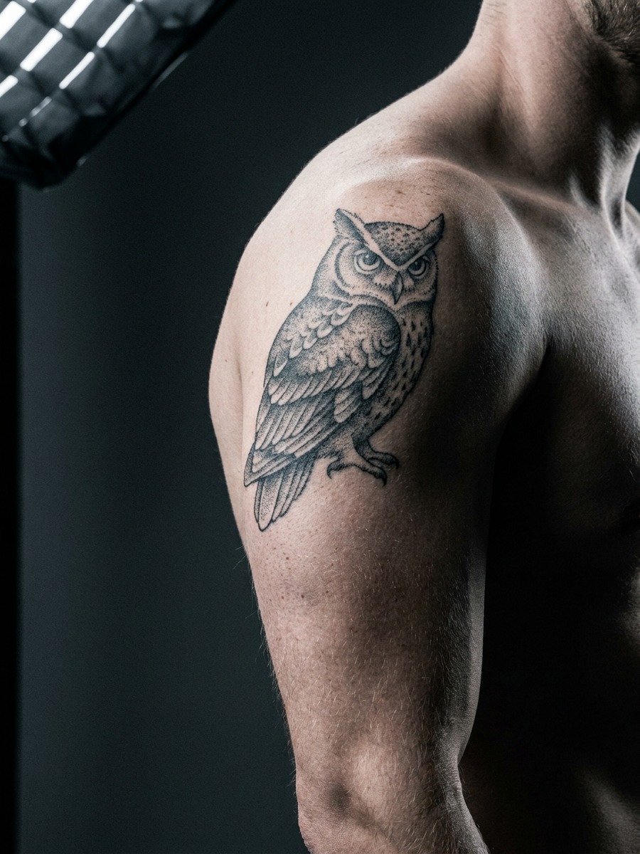 Dotwork owl on a man's shoulder.
