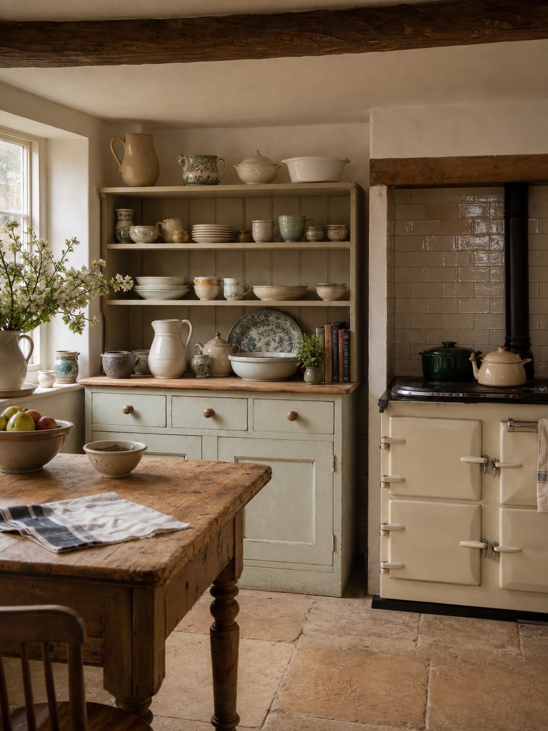 English cottage kitchen with freestanding painted dresser open oak shelves scrubbed pine worktable and cream range cooker English cottage kitchen with freestanding painted dresser, open oak shelves, scrubbed pine worktable, and cream range cooker. | Sky Rye Design English cottage kitchen with freestanding painted dresser, open oak shelves, scrubbed pine worktable, and cream range cooker.