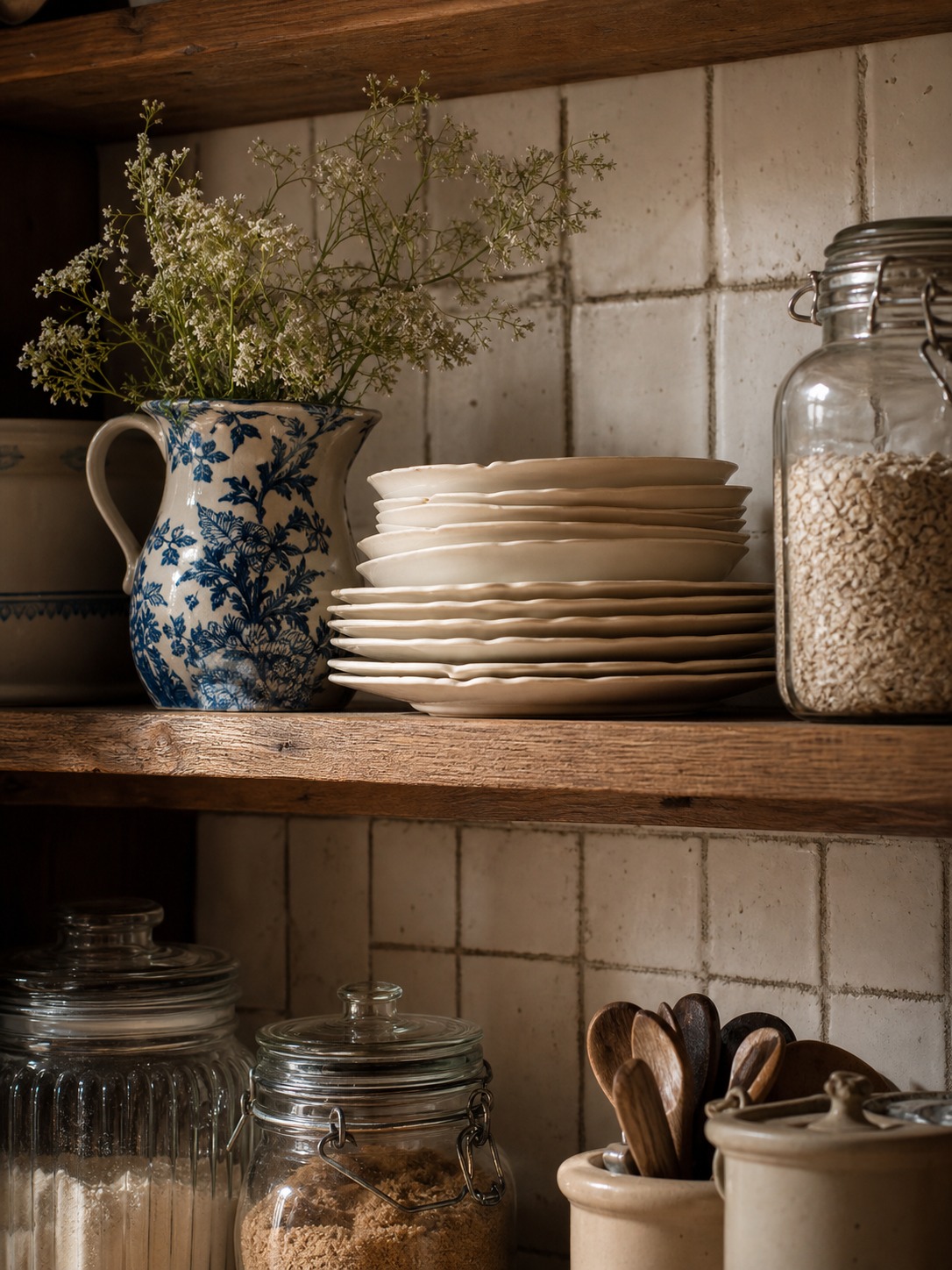 Cottage kitchen open shelf with stacked cream plates glass storage jars blue and white jug and over-grouted white tiles Cottage kitchen open shelf with stacked cream plates, glass storage jars, blue and white jug, and over-grouted white tiles. | Sky Rye Design Cottage kitchen open shelf with stacked cream plates, glass storage jars, blue and white jug, and over-grouted white tiles.