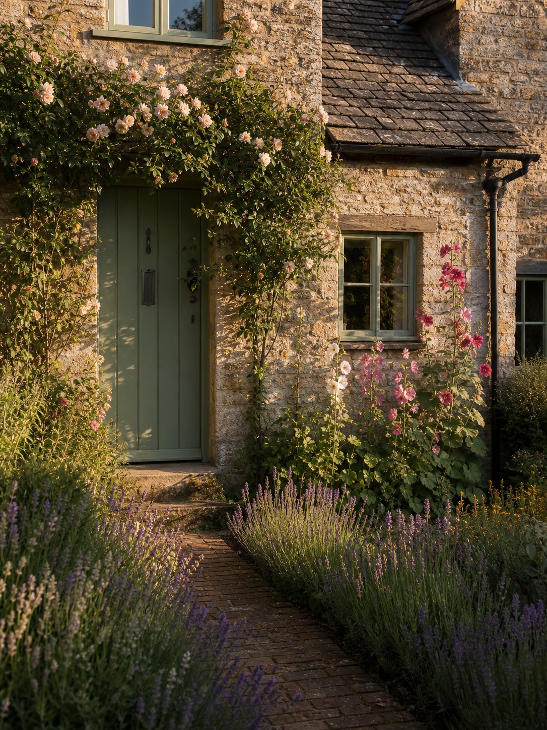 English stone cottage exterior with climbing rose, sage green front door, lavender path, hollyhocks, and slate roof English stone cottage exterior with climbing rose, sage green front door, lavender path, hollyhocks, and slate roof. | Sky Rye Design English stone cottage exterior with climbing rose, sage green front door, lavender path, hollyhocks, and slate roof.
