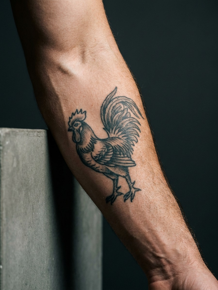 Bold linework rooster on a man's forearm.