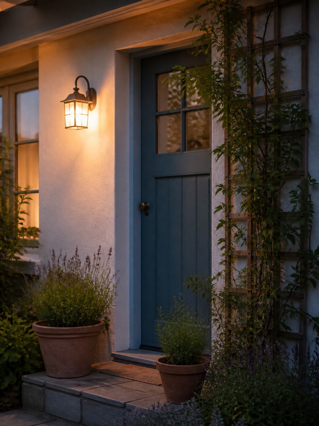 Modern suburban entrance adapted to cottage style with dusty blue door, trellis, climbing plant, terracotta pots, and lantern Modern suburban entrance adapted to cottage style with dusty blue door, trellis, climbing plant, terracotta pots, and lantern. | Sky Rye Design Modern suburban entrance adapted to cottage style with dusty blue door, trellis, climbing plant, terracotta pots, and lantern.