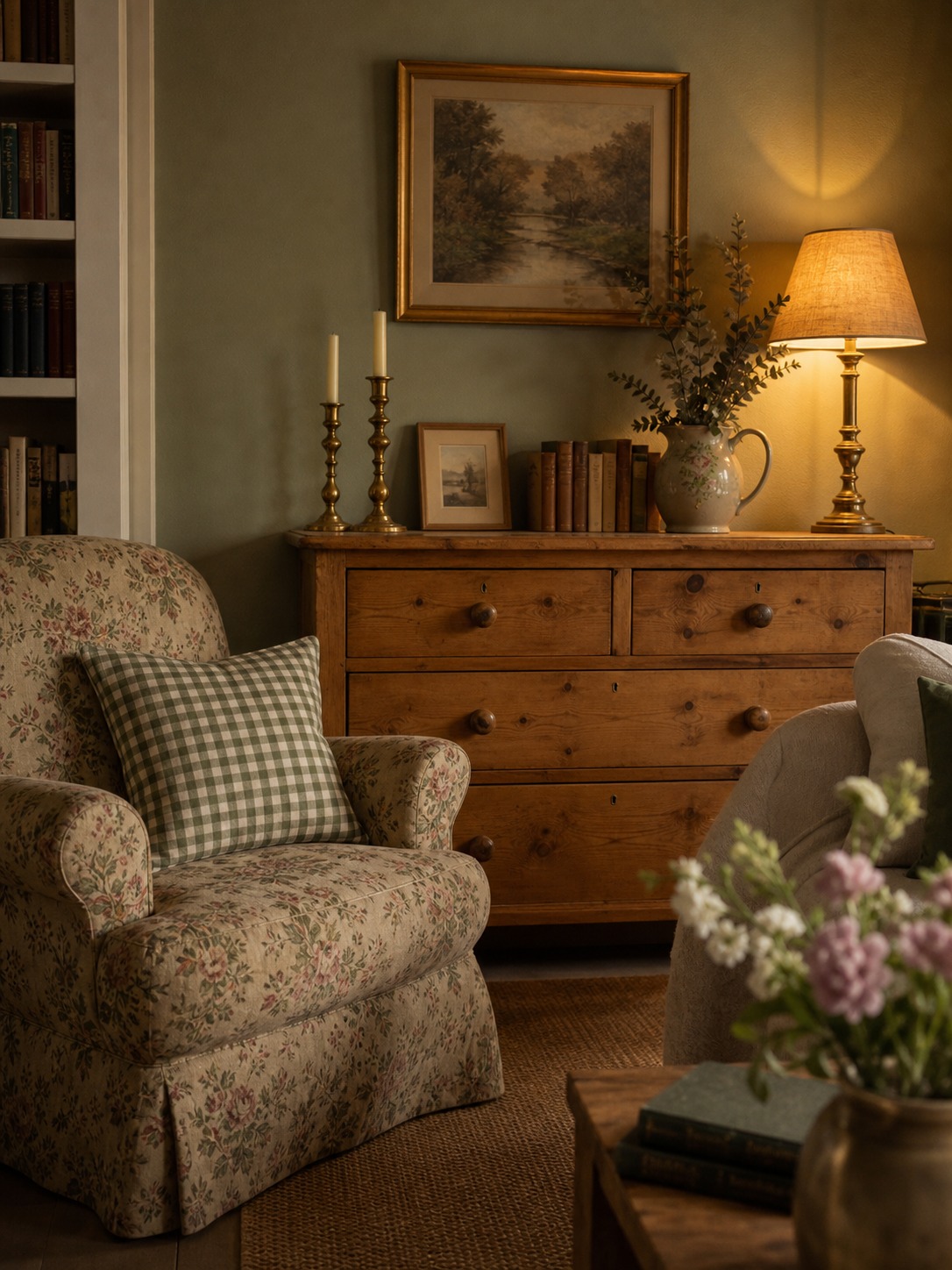 Small modern apartment living room adapted to English cottage style with pine chest brass candlesticks floral armchair and sage wall Small modern apartment living room adapted to English cottage style with pine chest, brass candlesticks, floral armchair, and sage wall. | Sky Rye Design Small modern apartment living room adapted to English cottage style with pine chest, brass candlesticks, floral armchair, and sage wall.