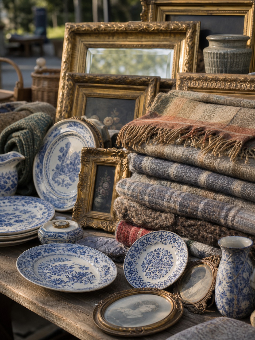 Flea market table with blue and white china plates gilt picture frames folded wool blankets and weathered wood Flea market table with blue and white china plates, gilt picture frames, folded wool blankets, and weathered wood. | Sky Rye Design Flea market table with blue and white china plates, gilt picture frames, folded wool blankets, and weathered wood.
