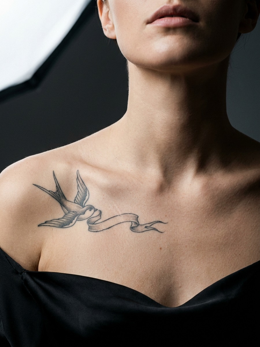 Bird in flight carrying a flowing ribbon banner in its beak on a woman's sternum and upper chest.