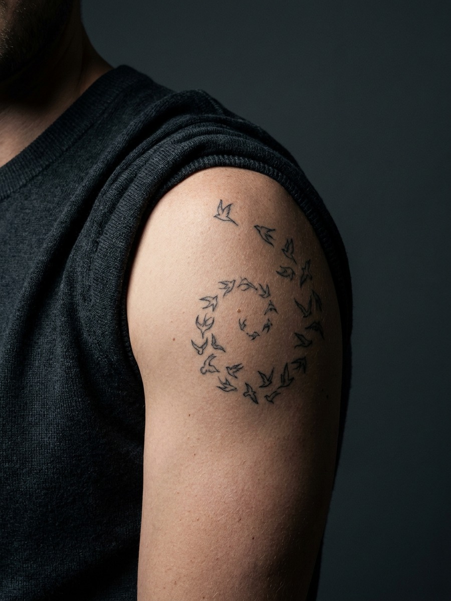 A spiral formation of small birds swirling upward on a man's upper arm and shoulder.