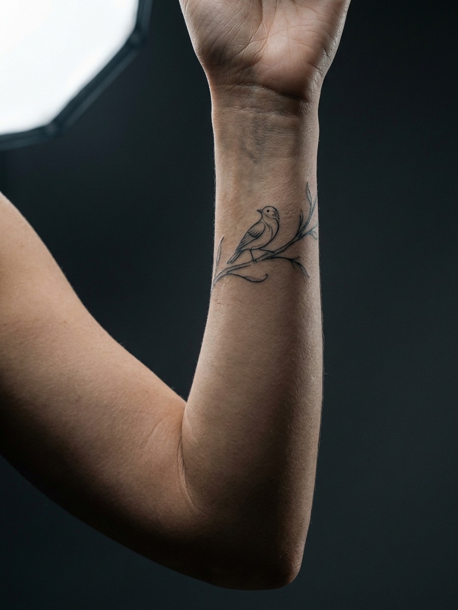 Small bird perched on a thin branch wrapping partway around the wrist on a woman's wrist and forearm.