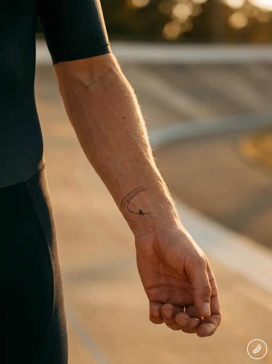 Man_showing_wrist_tattoo_202607312344 Minimalist wrist tattoo of a surfer and wave on an athlete's forearm in a wetsuit at sunset | Sky Rye Design Minimalist wrist tattoo of a surfer and wave on an athlete's forearm in a wetsuit at sunset