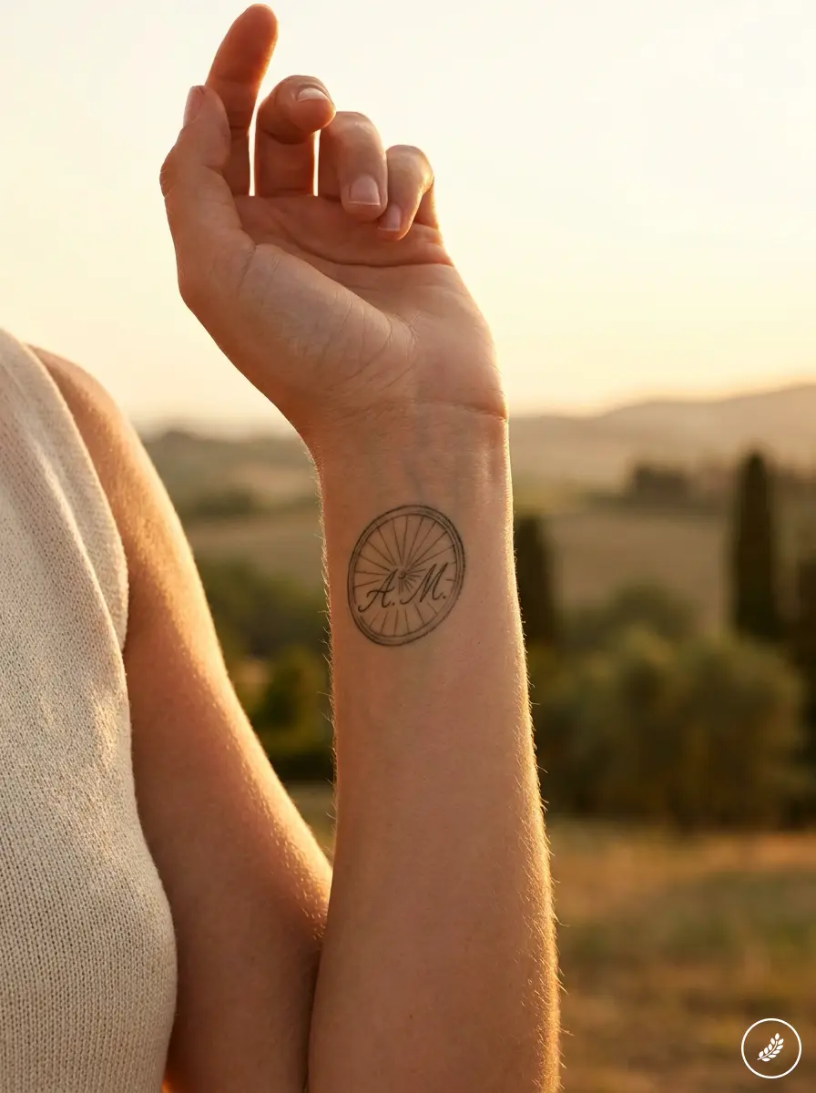 Cyclist_presenting_bicycle_wheel_202608010000 Close-up of a forearm with a circular tattoo containing the initials H.M., sunlit countryside in the background. | Sky Rye Design Person's forearm tattoo of a circular wheel with script initials A.M., lit by warm sunset over a rural landscape