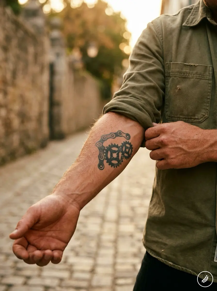 Cyclist_presenting_forearm_tattoo_202608010001 Bicycle gear and chain forearm tattoo on man with rolled sleeve walking on sunlit cobblestone street | Sky Rye Design Bicycle gear and chain forearm tattoo on man with rolled sleeve walking on sunlit cobblestone street