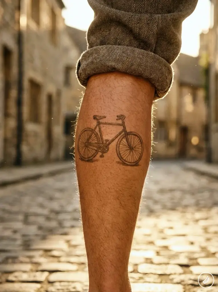 Mans_calf_tattoo_bicycle_202608010005 Bicycle tattoo on calf with rolled-up pant leg, sunlit cobblestone street background, vintage line-art bike. | Sky Rye Design Bicycle tattoo on calf with rolled-up pant leg, sunlit cobblestone street background, vintage line-art bike.