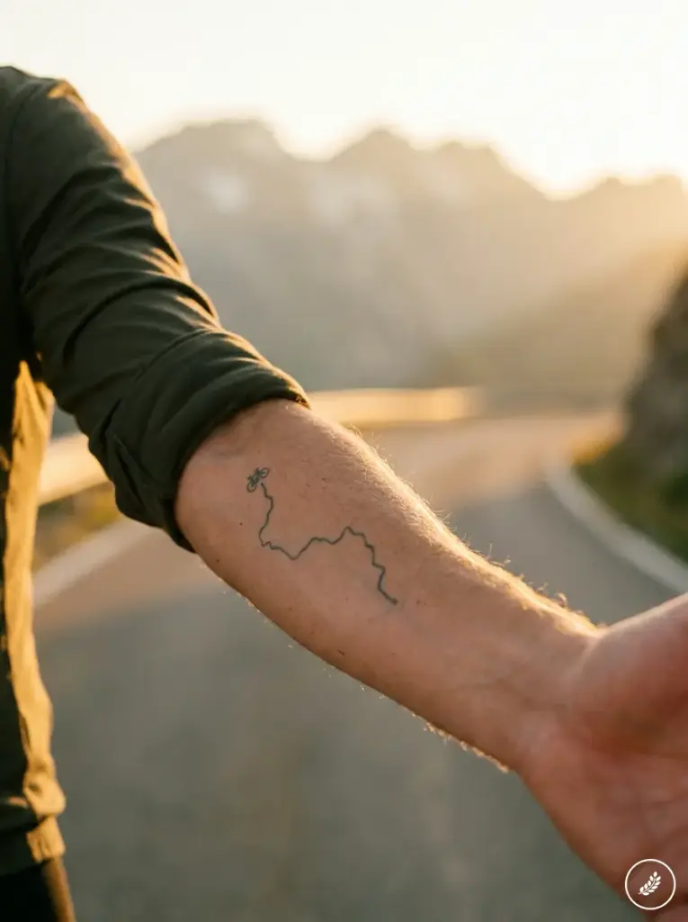 Man_showing_forearm_tattoo_202608010006 Close-up of outstretched forearm with winding road and tiny bicycle tattoo, mountain road at sunset | Sky Rye Design Close-up of outstretched forearm with winding road and tiny bicycle tattoo, mountain road at sunset