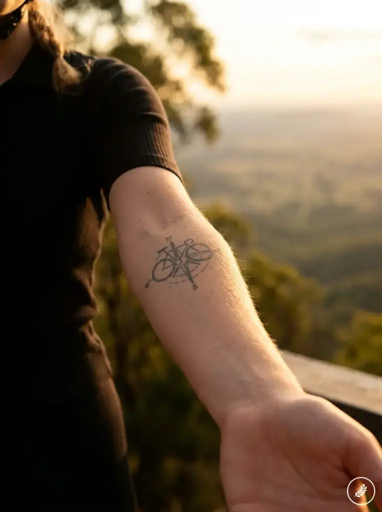 Female_cyclist_forearm_tattoo_pr_202608010006 Bicycle compass tattoo on forearm, minimalist linework, outdoor sunset overlooking forested valley | Sky Rye Design Bicycle compass tattoo on forearm, minimalist linework, outdoor sunset overlooking forested valley