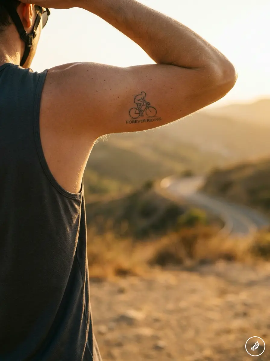 Man_showing_arm_tattoo_202608010008 Close-up of a man's upper arm with a small bicycle tattoo and the words 'FOREVER RIDING' on a sunlit desert backdrop. | Sky Rye Design Sunlit close-up of cyclist tattoo reading FOREVER RIDING on arm with winding road in the background