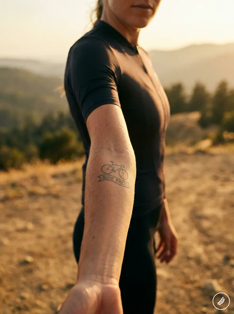 Female_cyclist_forearm_tattoo_pr_202608010008 Person in a black athletic shirt extends an arm toward the camera; on the forearm is a small bicycle tattoo with a ribbon reading 'Ride Free' set against a sunlit outdoor landscape at golden hour. | Sky Rye Design Female cyclist showing forearm bicycle Ride Free tattoo on trail at golden hour, outdoor fitness lifestyle