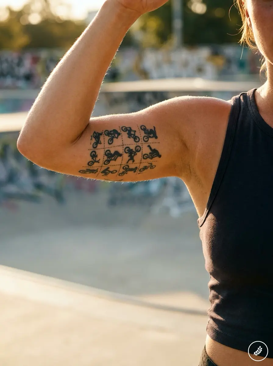 Female_BMX_rider_tattoo_202607312345 Person's flexed arm showing grid of BMX stunt tattoos on inner bicep at outdoor skatepark, black tank top. | Sky Rye Design Person's flexed arm showing grid of BMX stunt tattoos on inner bicep at outdoor skatepark, black tank top.