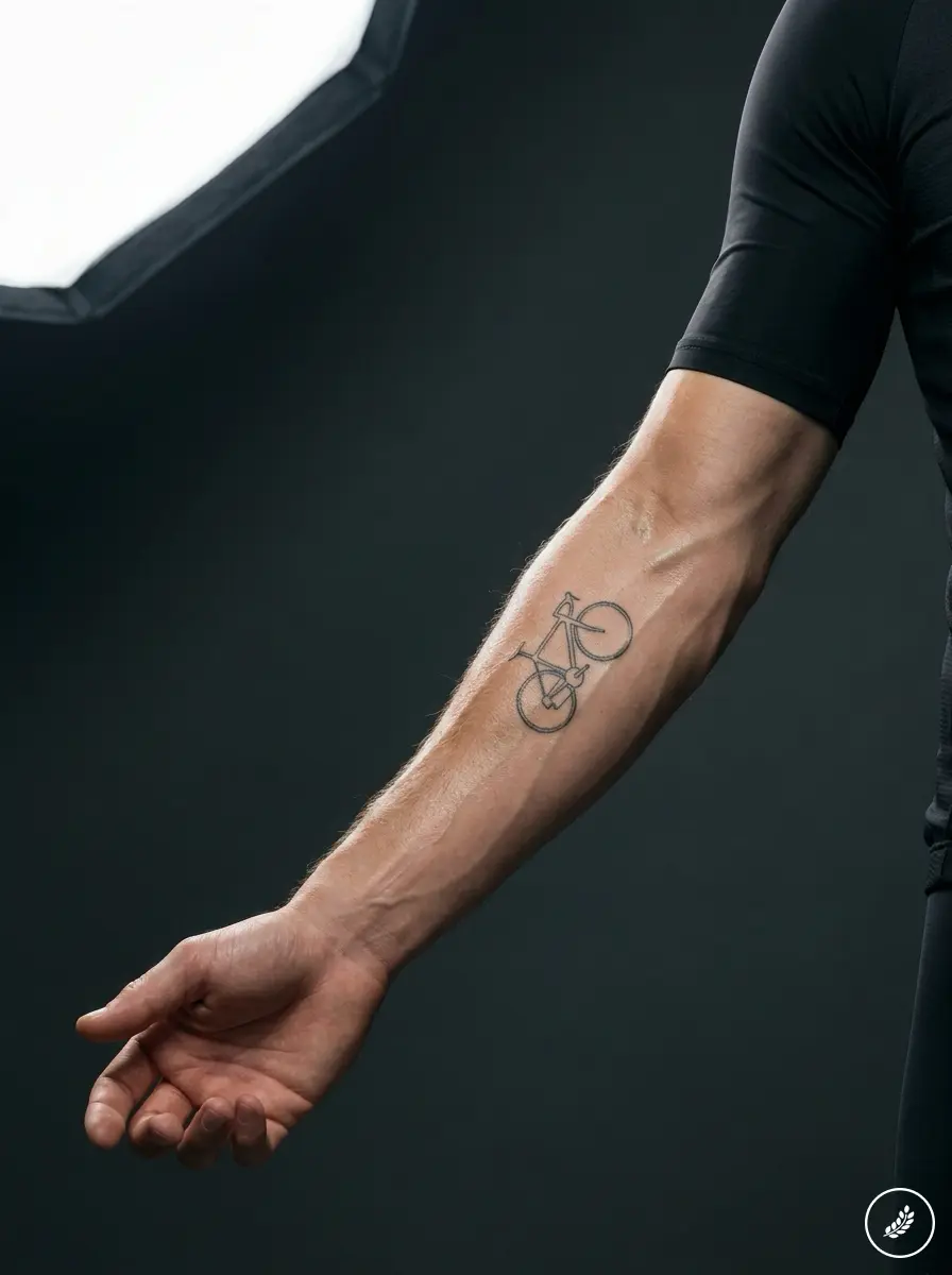 Cyclist_presenting_forearm_tattoo_202607312346 Minimalist bicycle tattoo on a man's forearm — close-up cycling tattoo under studio lighting | Sky Rye Design Minimalist bicycle tattoo on a man's forearm — close-up cycling tattoo under studio lighting