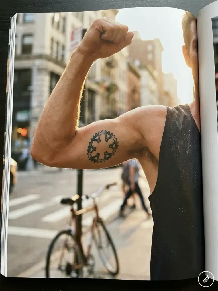 Man_flexing_bicep_tattoo_202607312348 Close-up of man flexing arm showing chainring tattoo and bicep, bicycle and city street blurred in background | Sky Rye Design Close-up of man flexing arm showing chainring tattoo and bicep, bicycle and city street blurred in background