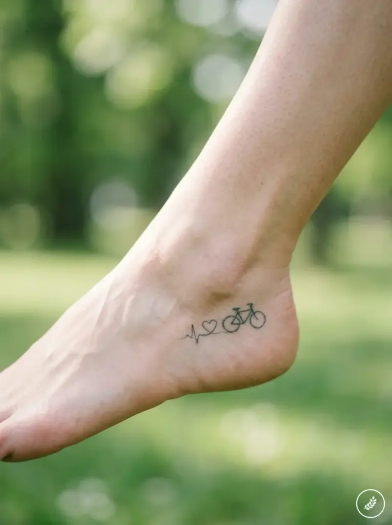Ankle_tattoo_of_bicycle_heart_202607312352 Minimal ankle tattoo of a heartbeat line, heart and bicycle on the side of a bare foot with a blurred green background | Sky Rye Design Minimal ankle tattoo of a heartbeat line, heart and bicycle on the side of a bare foot with a blurred green background