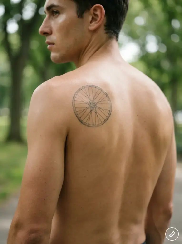 Man_with_bicycle_tattoo_202607312352 Shirtless young man showing bicycle wheel tattoo on left shoulder blade in a blurred park setting | Sky Rye Design Shirtless young man showing bicycle wheel tattoo on left shoulder blade in a blurred park setting
