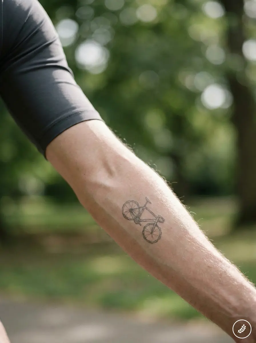 Man_presenting_forearm_tattoo_202607312354 Bicycle tattoo on forearm, minimalist line-art on person's arm with blurred green park background | Sky Rye Design Bicycle tattoo on forearm, minimalist line-art on person's arm with blurred green park background