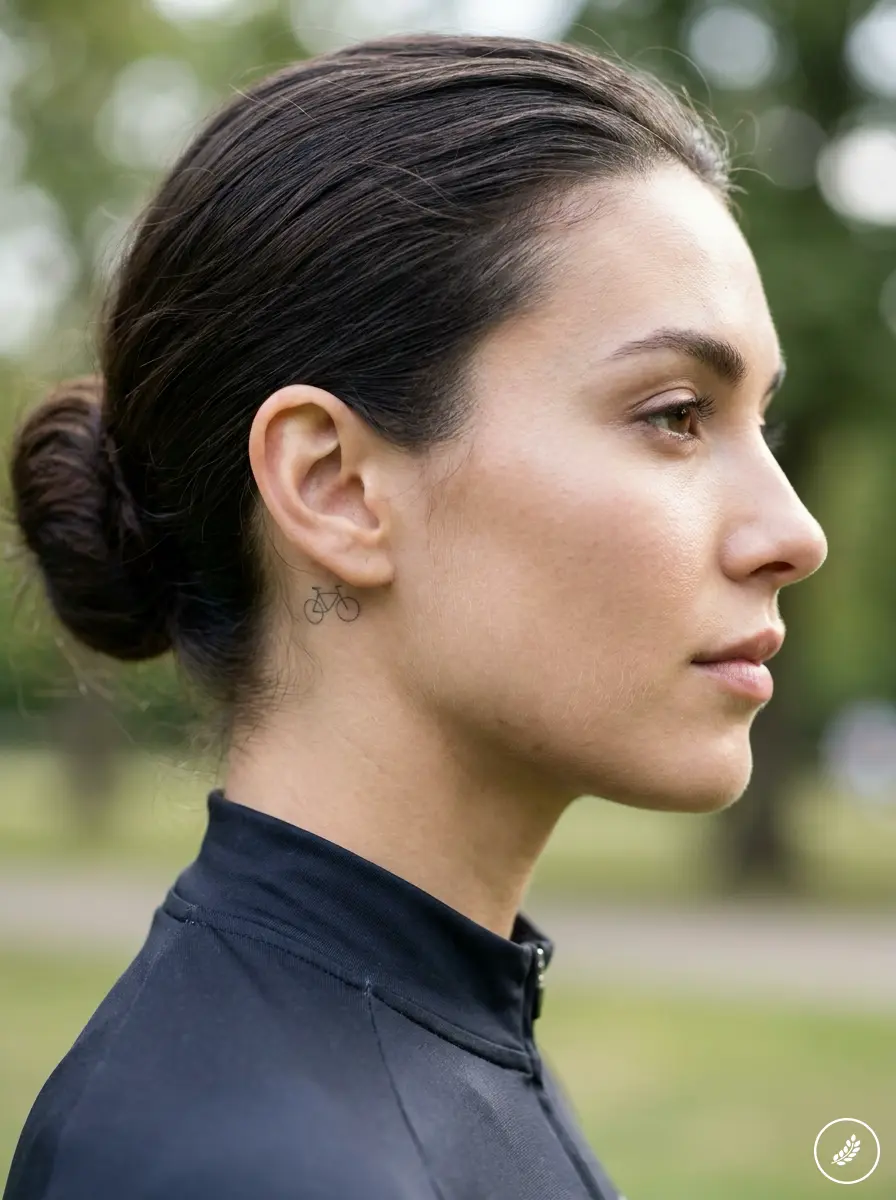 Cyclist_with_bicycle_tattoo_202607312357 Female profile portrait with hair bun and small bicycle tattoo behind ear, black athletic jacket outdoors | Sky Rye Design Female profile portrait with hair bun and small bicycle tattoo behind ear, black athletic jacket outdoors