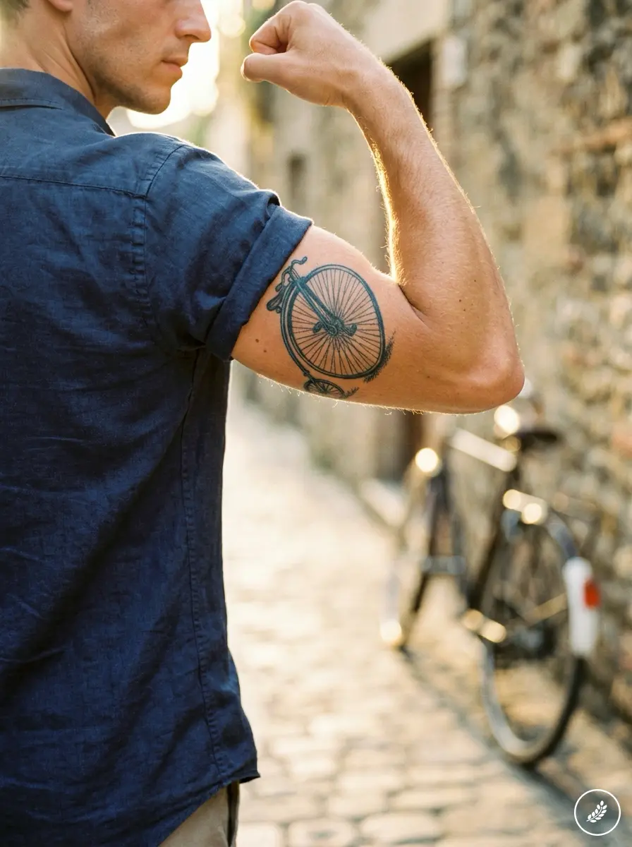 Man_showing_upper_arm_tattoo_202607312358 Man flexing arm showing bicycle tattoo on bicep in sunlit cobblestone alley with parked bike | Sky Rye Design Man flexing arm showing bicycle tattoo on bicep in sunlit cobblestone alley with parked bike