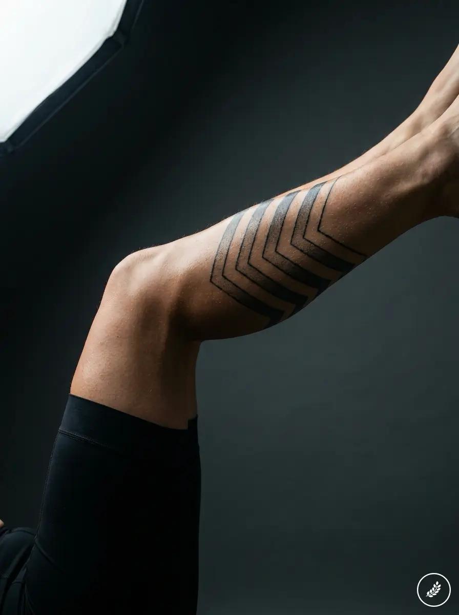 Cyclist_calf_tattoo_studio_shot_202607312341 Close-up of male leg with bold black geometric chevron tattoo on calf, athletic shorts, studio lighting, dark background | Sky Rye Design Close-up of male leg with bold black geometric chevron tattoo on calf, athletic shorts, studio lighting, dark background