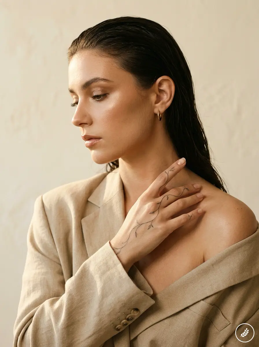 Elegant portrait of woman with wet hair in beige blazer, minimalist vine hand tattoo and natural makeup