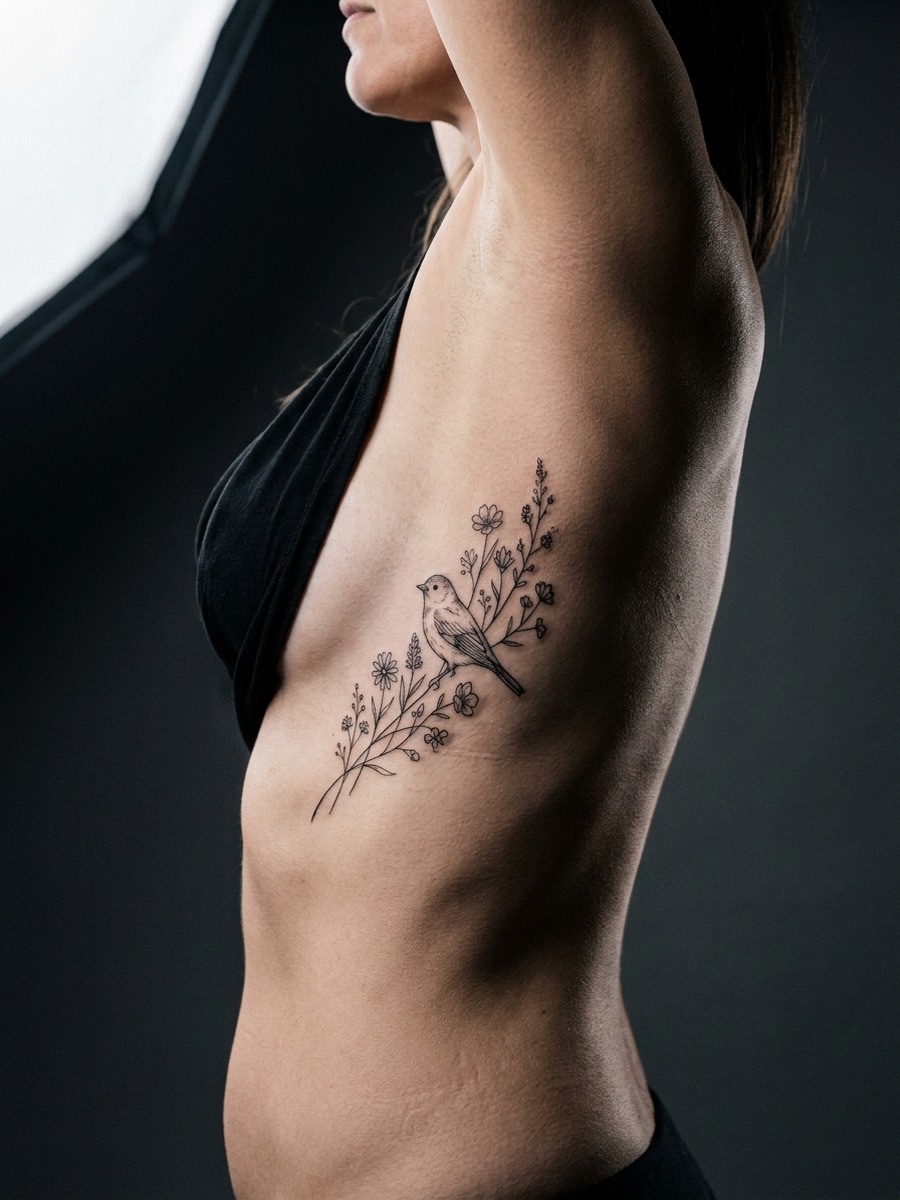 A bird perched among small wildflowers on a woman's side torso and ribcage.