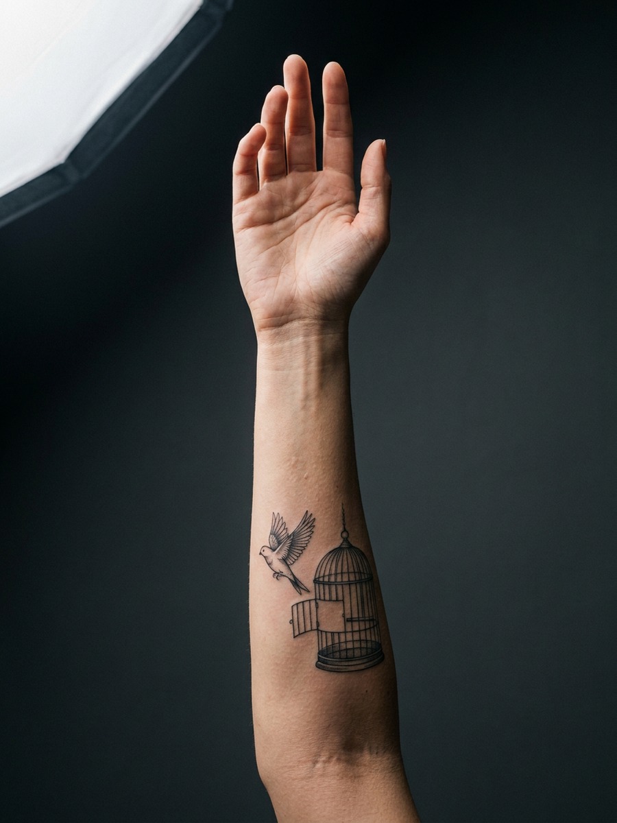 A bird flying out of an open birdcage on a woman's forearm.
