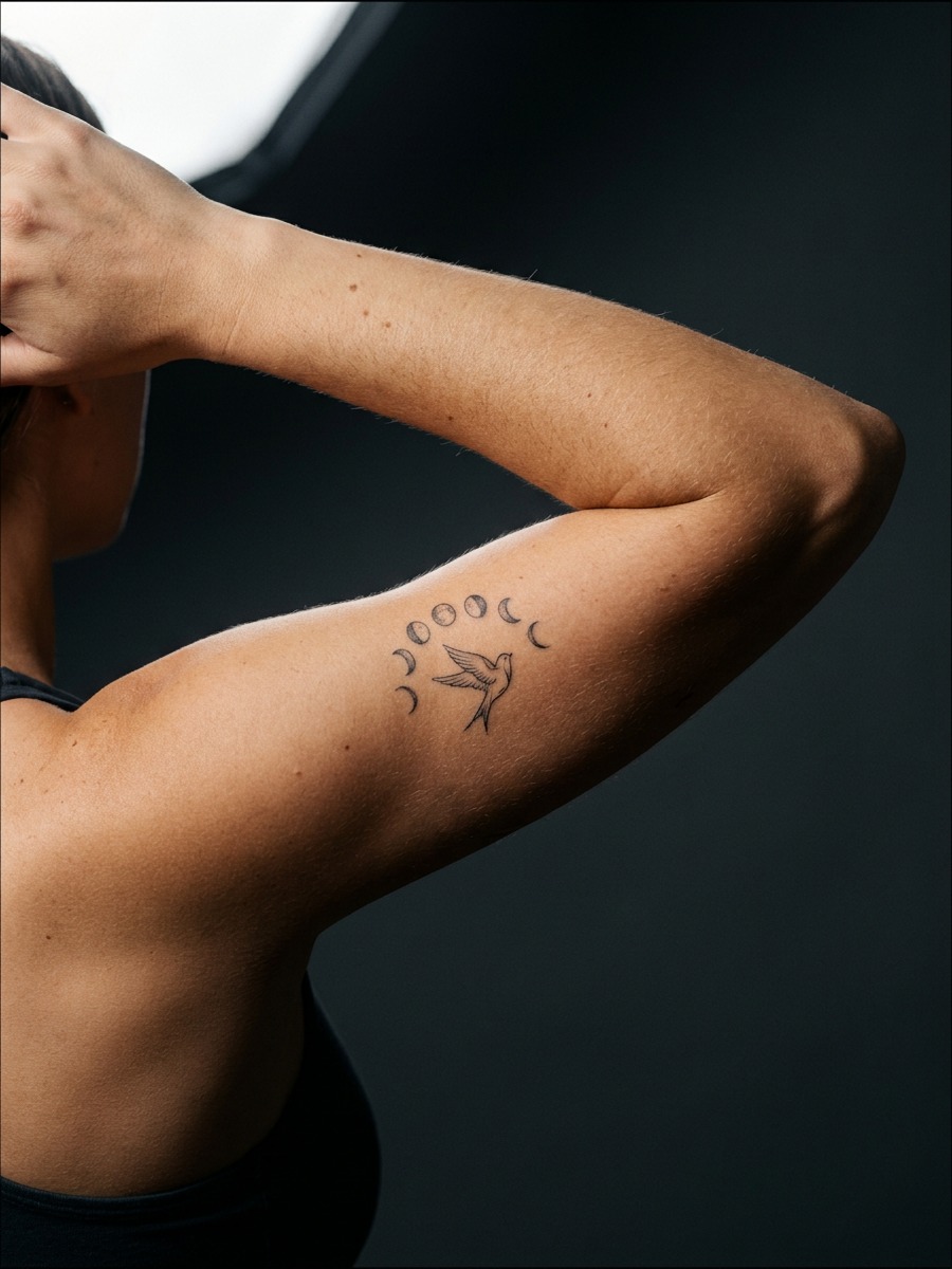 A small bird flying beneath an arc of moon phases on a woman's shoulder.
