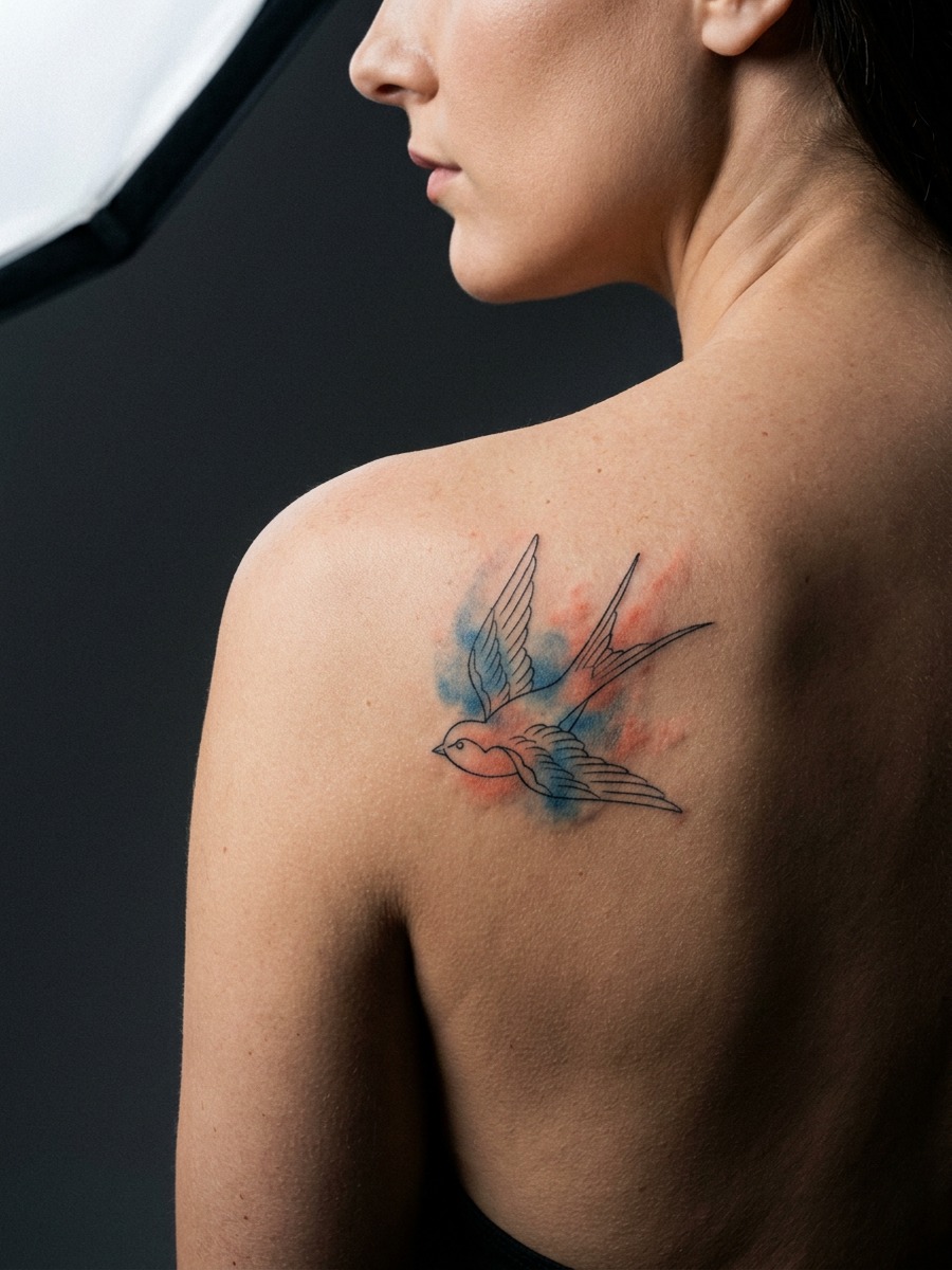 A fine-line bird outline layered over a soft watercolor-style splash of blue and coral ink bleeding beyond the linework. on a woman's shoulder and upper back.