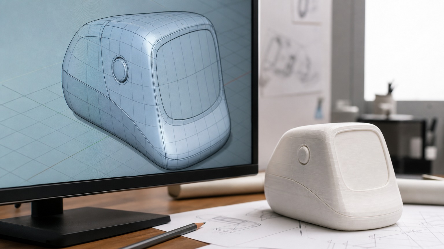Clean topology for 3D modeling design Clean 3D modeling topology on a rounded product prototype with wireframe lines and a small physical model. | Sky Rye Design Clean 3D modeling topology on a rounded product prototype with wireframe lines and a small physical model.