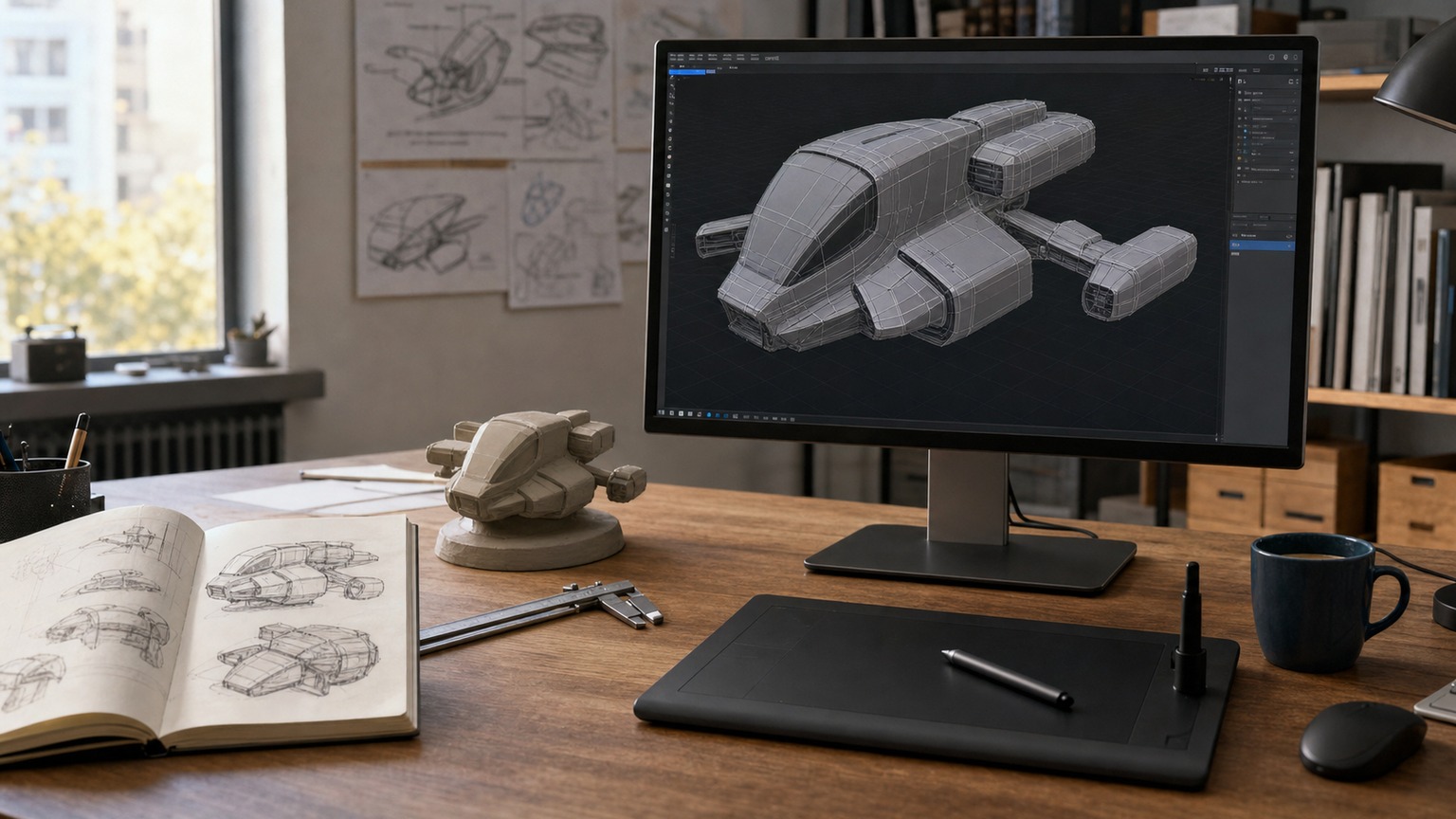 3D modeling workflow from mesh to render 3D modeling workflow showing a designer refining a mesh model on screen with a physical prototype nearby. | Sky Rye Design 3D modeling workflow showing a designer refining a mesh model on screen with a physical prototype nearby.