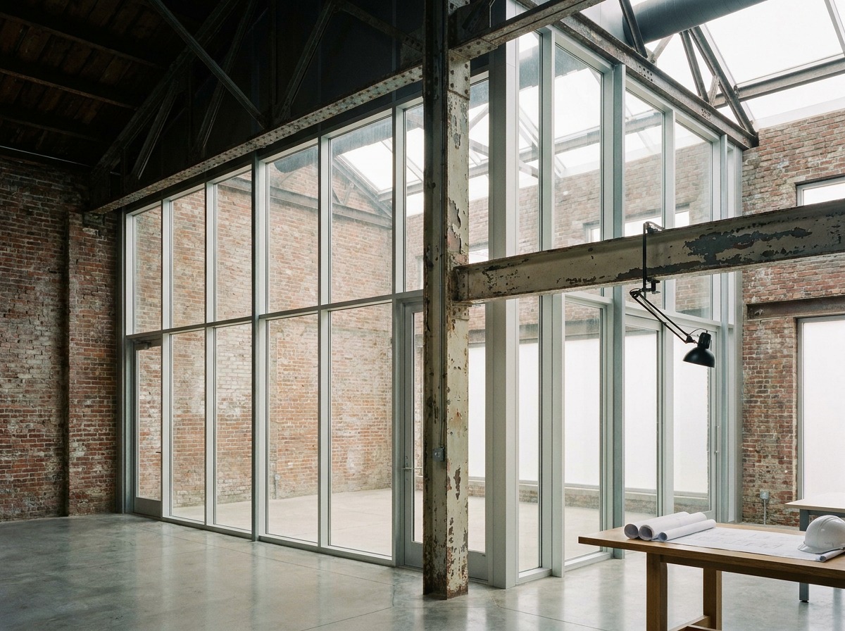 Adaptive reuse: old structure, new insert Adaptive reuse interior where a weathered brick shell meets a new glass and steel insert. | Sky Rye Design Adaptive reuse interior where a weathered brick shell meets a new glass and steel insert.