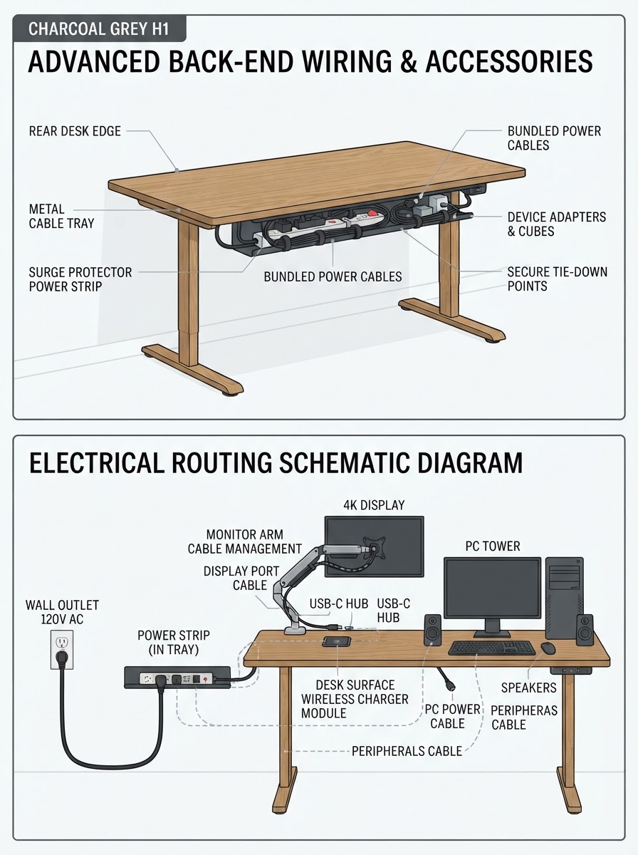Advanced Neat Desk Accessories Cable Management Infographic Two-panel infographic: Desk back view showing tidy cable trays and wireless chargers; bottom panel shows the complete technical back-end wiring diagram. | Sky Rye Design Two-panel infographic: Desk back view showing tidy cable trays and wireless chargers; bottom panel shows the complete technical back-end wiring diagram.