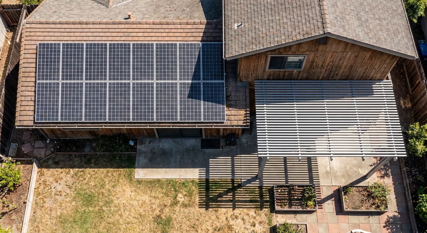 Drone view of a house roof showing a solar panel array and a pergola with a clear gap between them