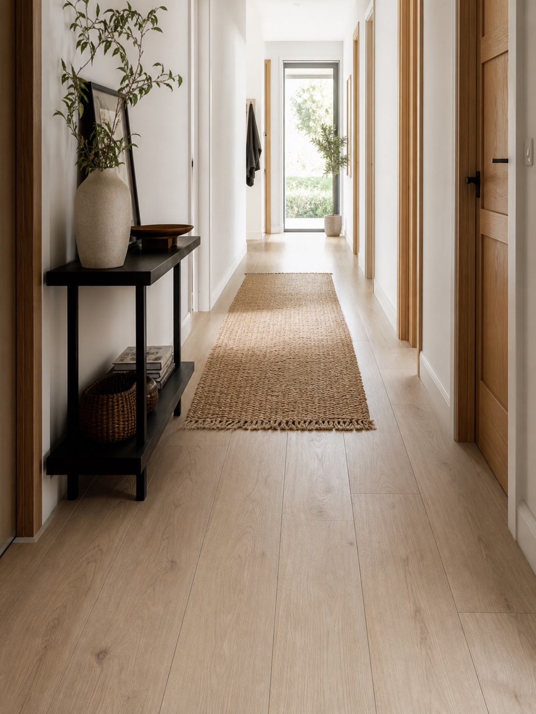 Bright minimalist hallway with pale oak laminate flooring and wide click-lock planks.