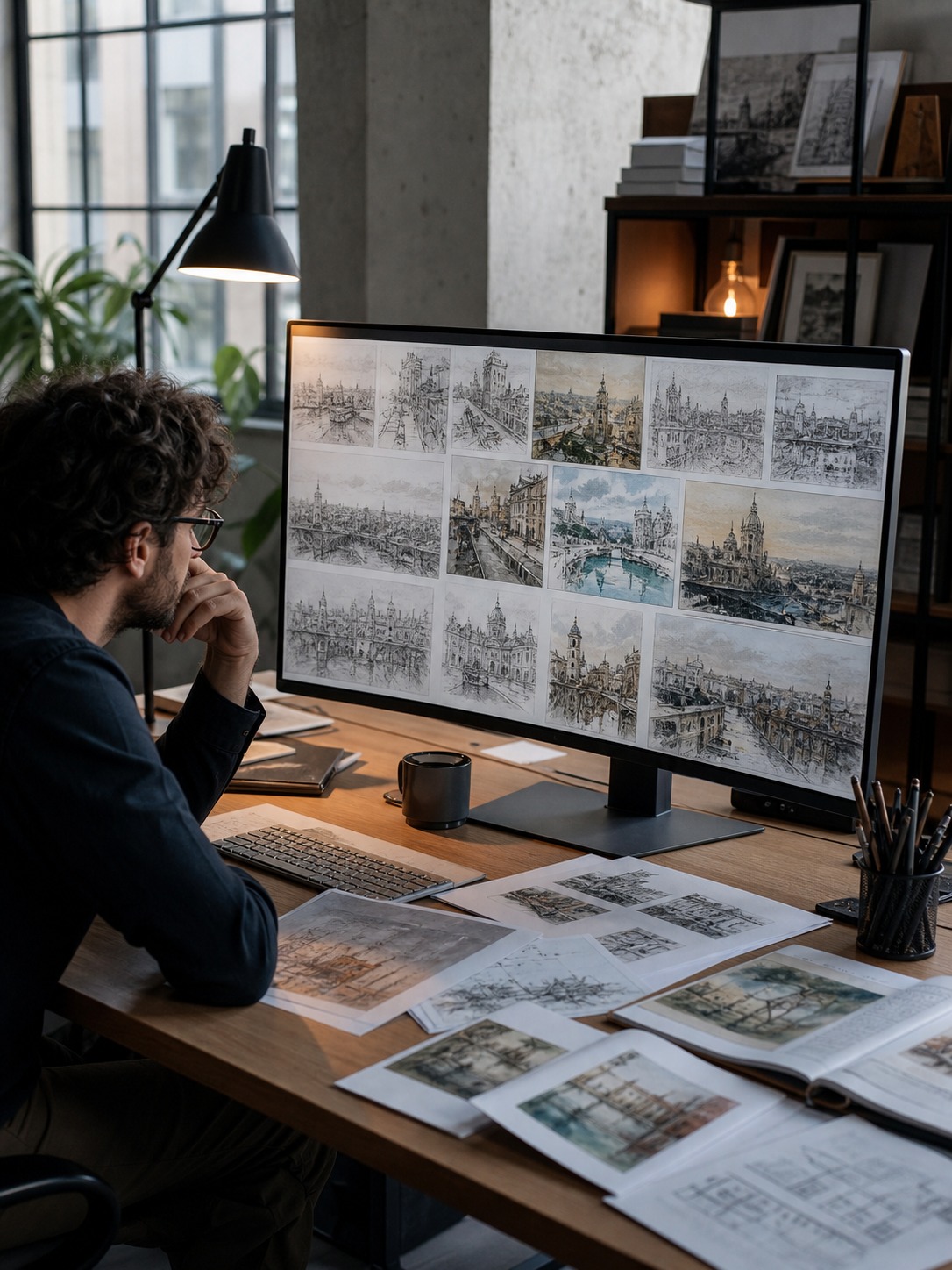 A designer reviewing AI-converted sketch and painting references on a large monitor.